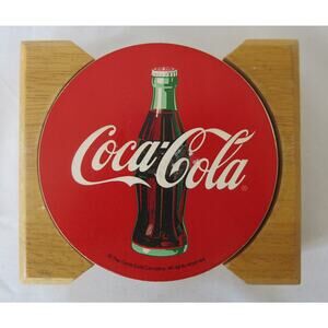 Vintage COCA COLA COKE Coasters in Wood Holder Stone Cork Set of 4 Soda Drinks